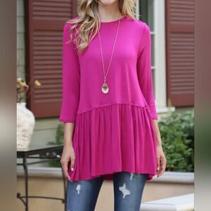 NEW! BOHO, CHIC MAGENTA 3/4 SLEEVE PEPLUM TOP